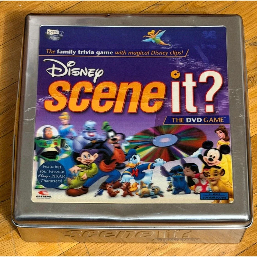 Disney Scene It DVD Game Collector Tin Disney Pixar Trivia Board Game VTG 2004